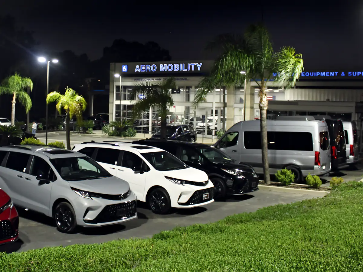 Aero Mobility Wheelchair Van Dealer Lot at Night